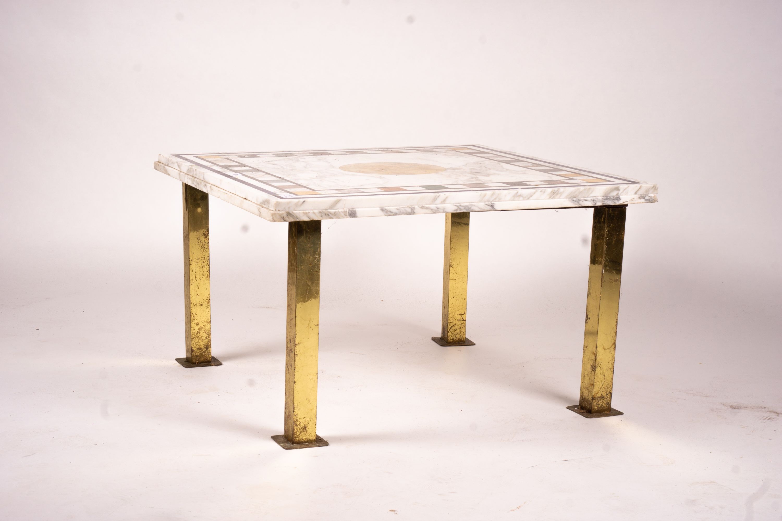 A square specimen marble and brass top low coffee table, width 86cm, height 52cm